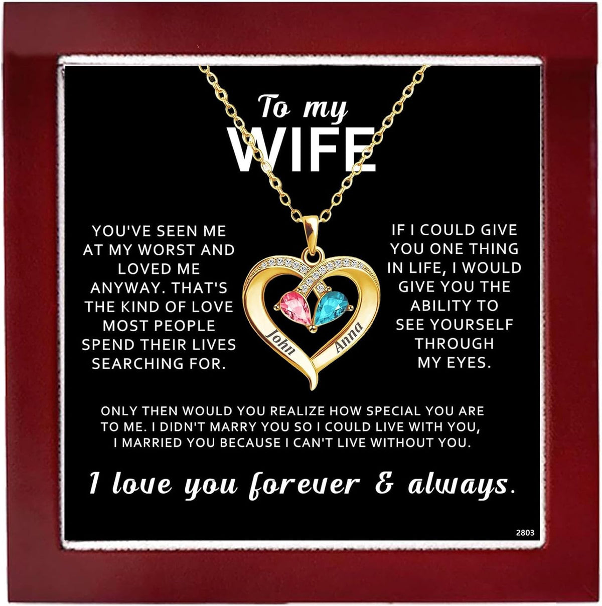 Birthstone Heart Necklace with Message Card for a Wife, silver tone, view 2