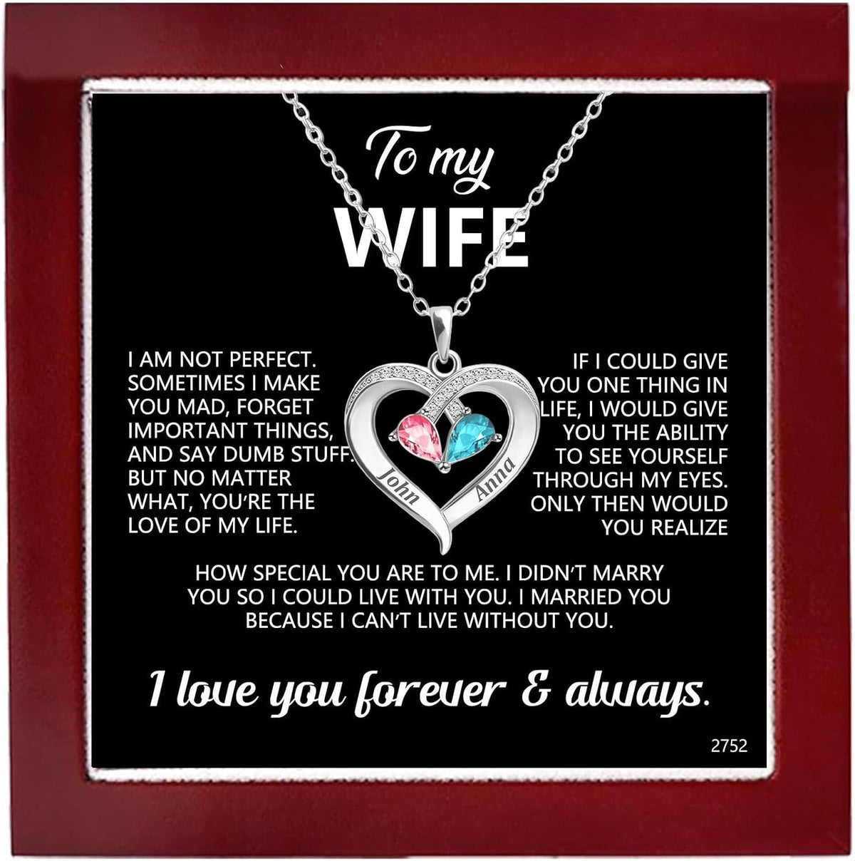 Birthstone Heart Necklace with Message Card for a Wife, gold tone, view 1