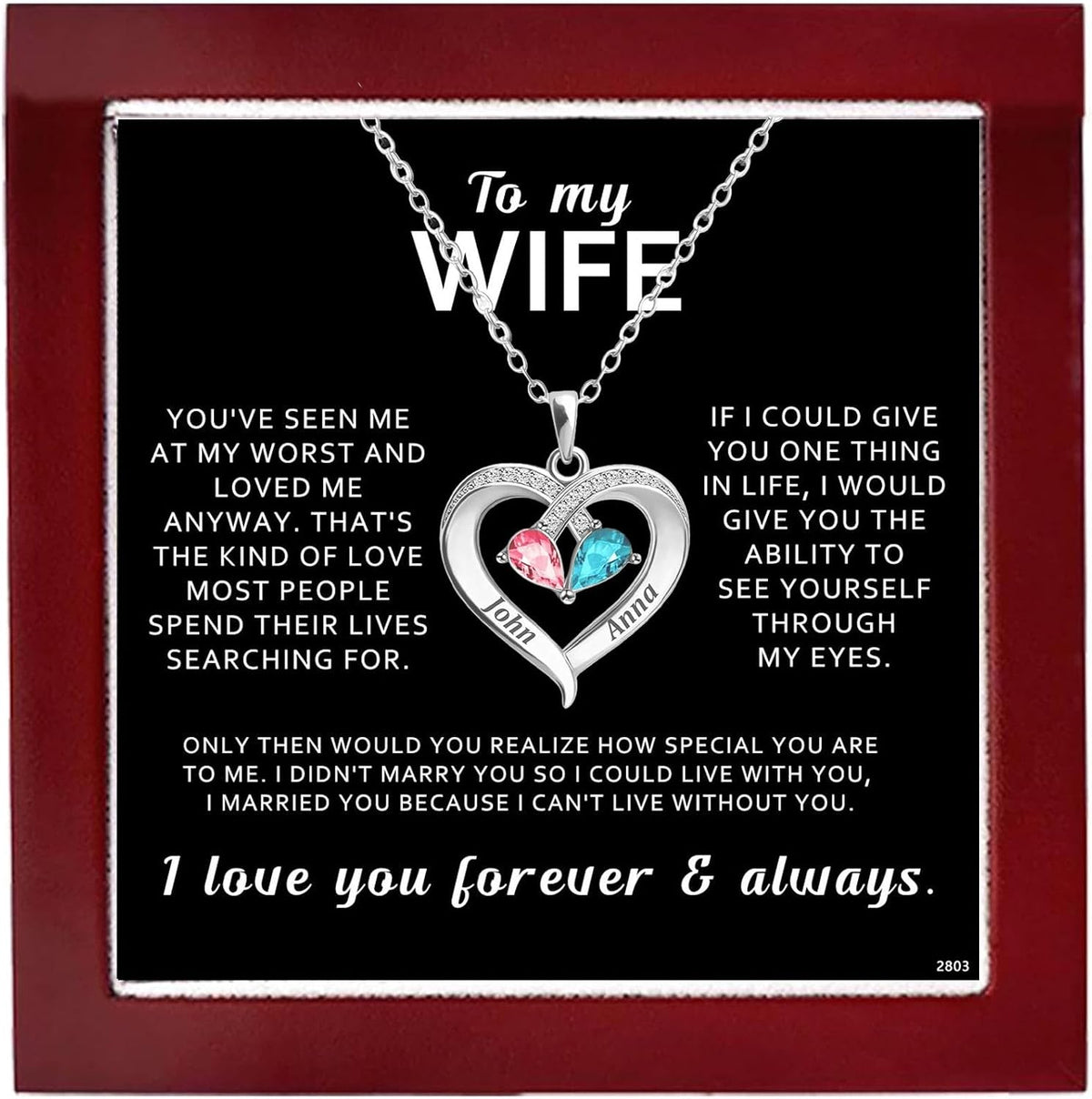 Birthstone Heart Necklace with Message Card for a Wife, silver tone, view 1