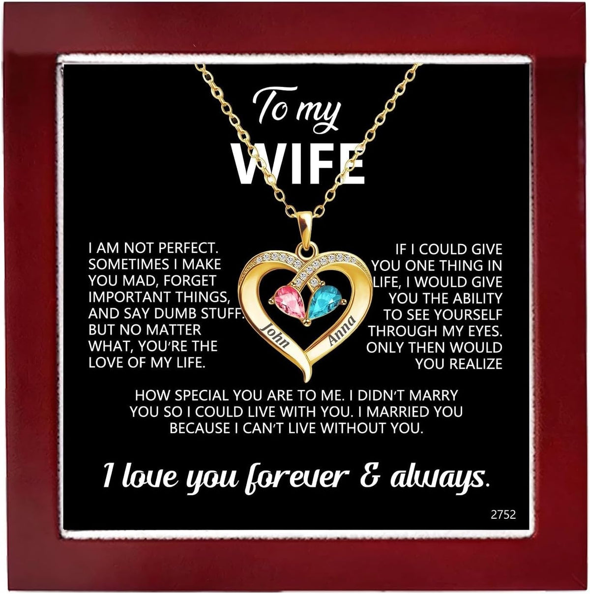 Birthstone Heart Necklace with Message Card for a Wife, gold tone, view 2