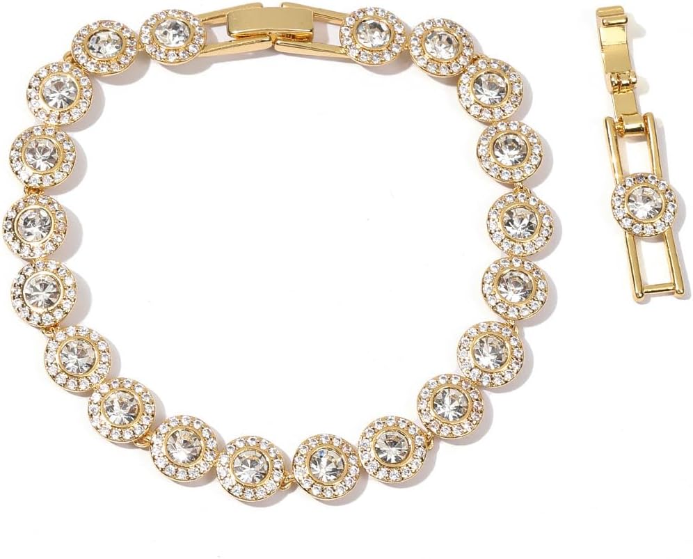 Crystal Tennis Choker in yellow gold tone, 15 to 16 inches, shown on a plain white background