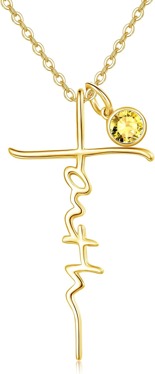 Faith Cross Birthstone Necklace in Sterling Silver, view 2 of 16