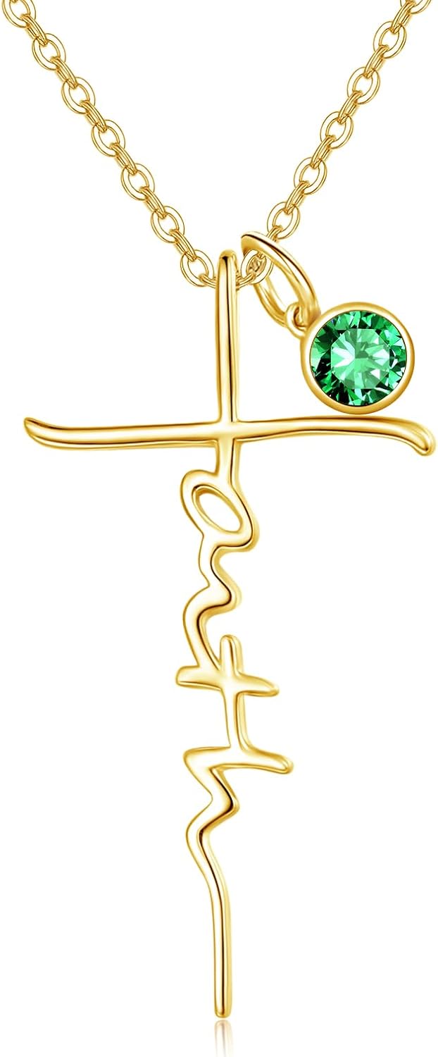 Faith Cross Birthstone Necklace in Sterling Silver, view 3 of 16