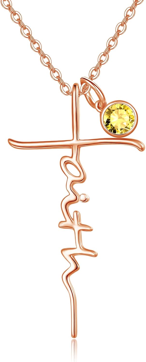 Faith Cross Birthstone Necklace in Sterling Silver, view 8 of 16