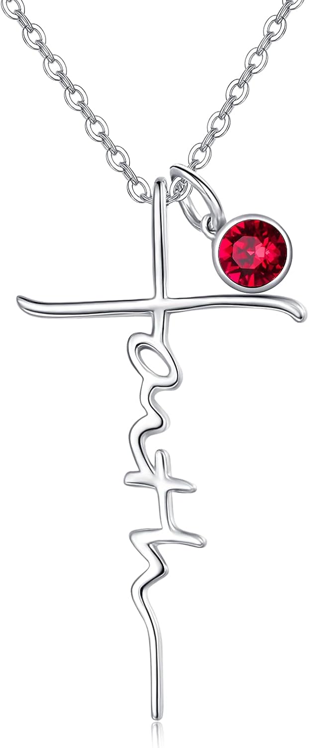 Faith Cross Birthstone Necklace in Sterling Silver, view 9 of 16