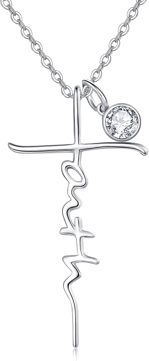 Faith Cross Birthstone Necklace in Sterling Silver, view 10 of 16