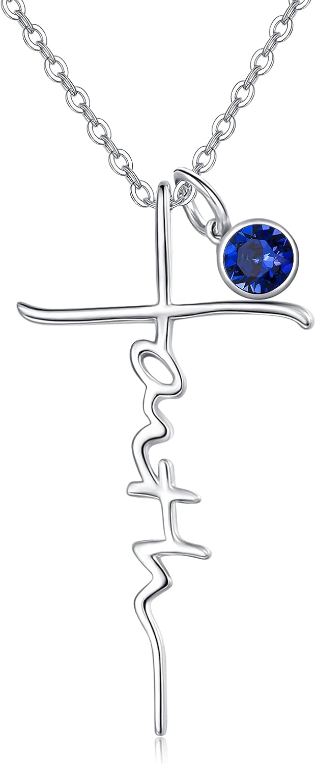 Faith Cross Birthstone Necklace in Sterling Silver, view 11 of 16