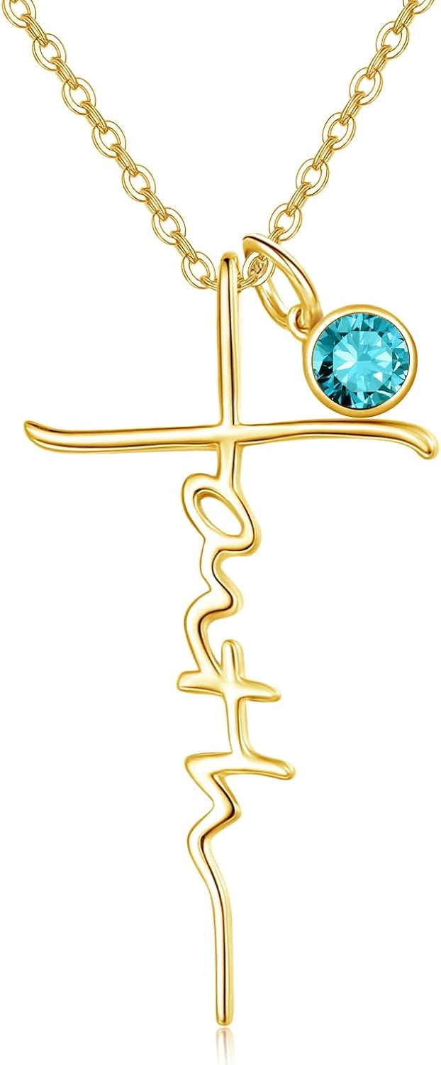 Faith Cross Birthstone Necklace in Sterling Silver, view 15 of 16