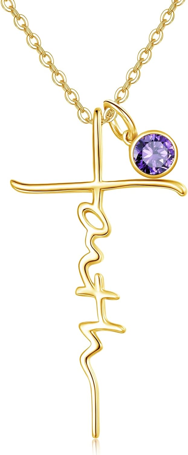 Faith Cross Birthstone Necklace in Sterling Silver, view 16 of 16