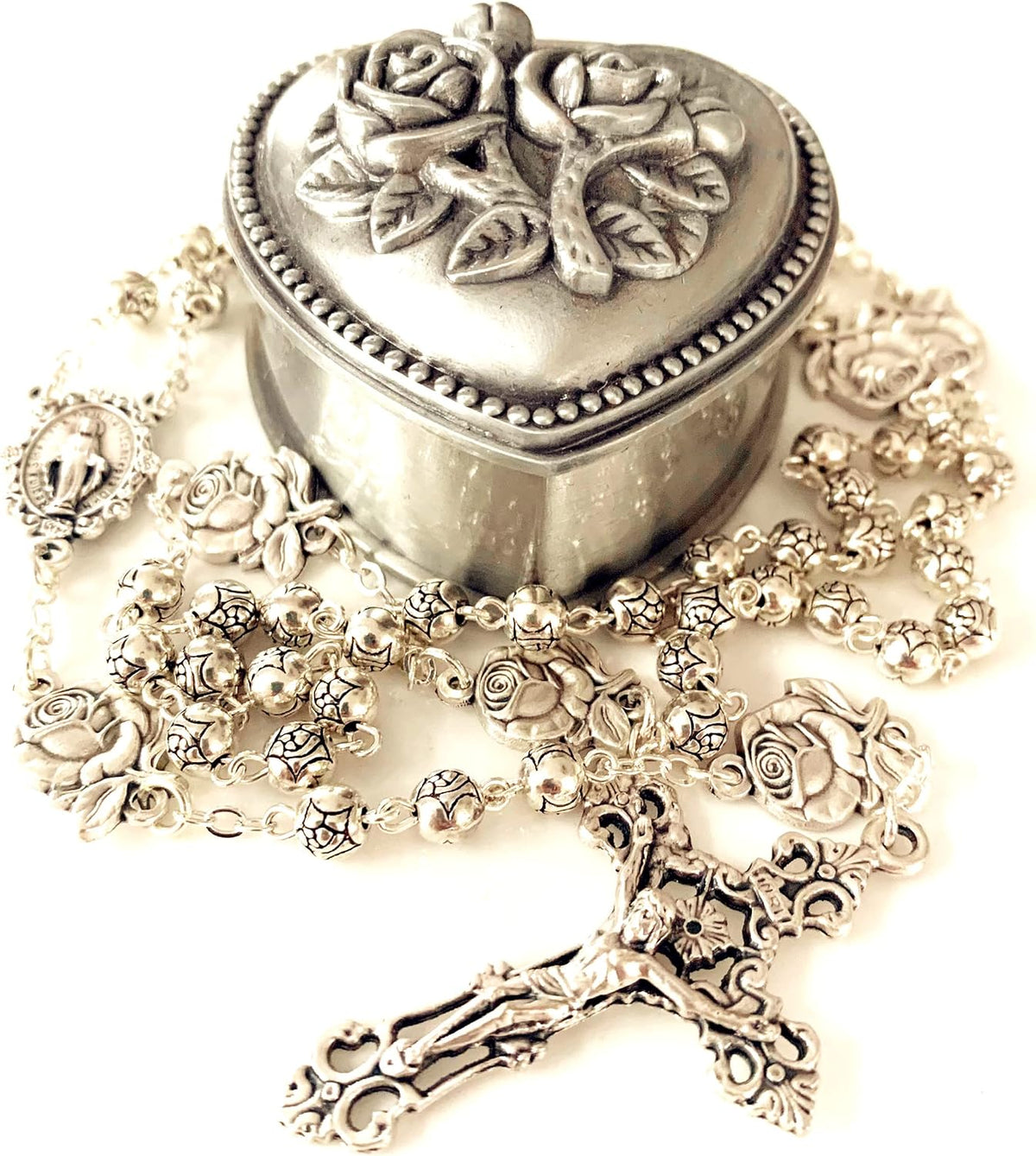 Five-Decade Rosary with Rose Beads and Gift Case, shown on a plain white background