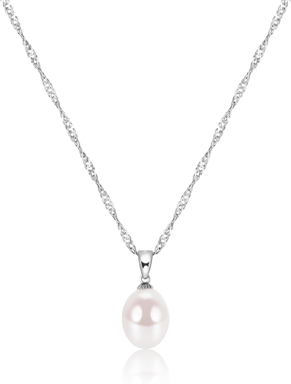 Freshwater Pearl Drop Pendant Necklace on a gold-tone chain, shown on a plain white background