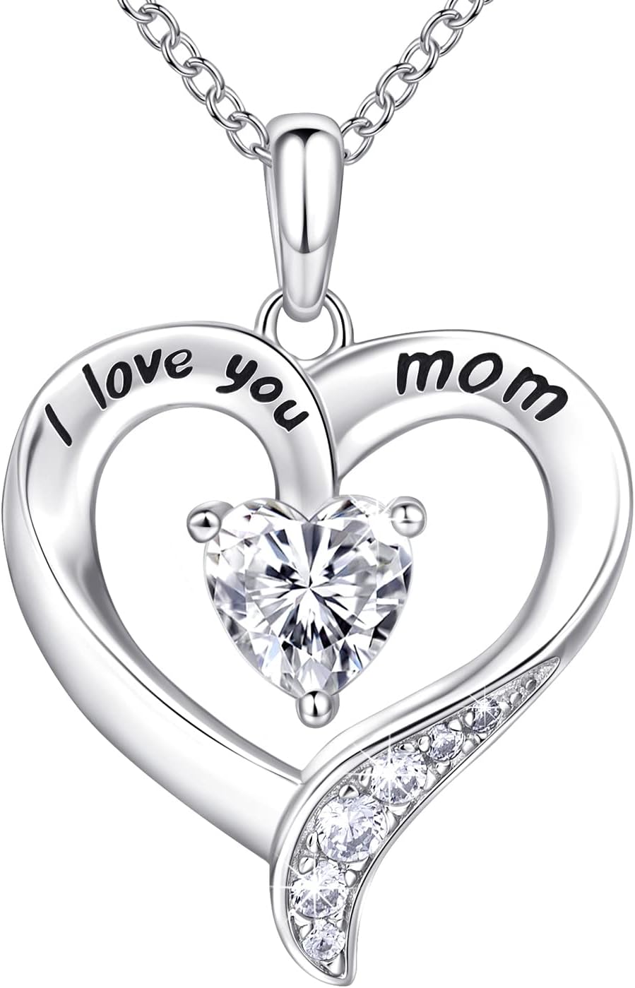 I Love You Mom Heart Pendant Necklace in Rose Gold, shown on a plain white background