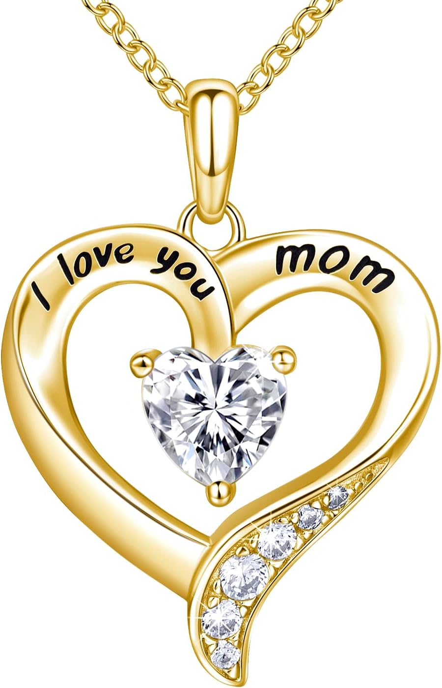 I Love You Mom Heart Pendant Necklace in Silver, shown on a plain white background