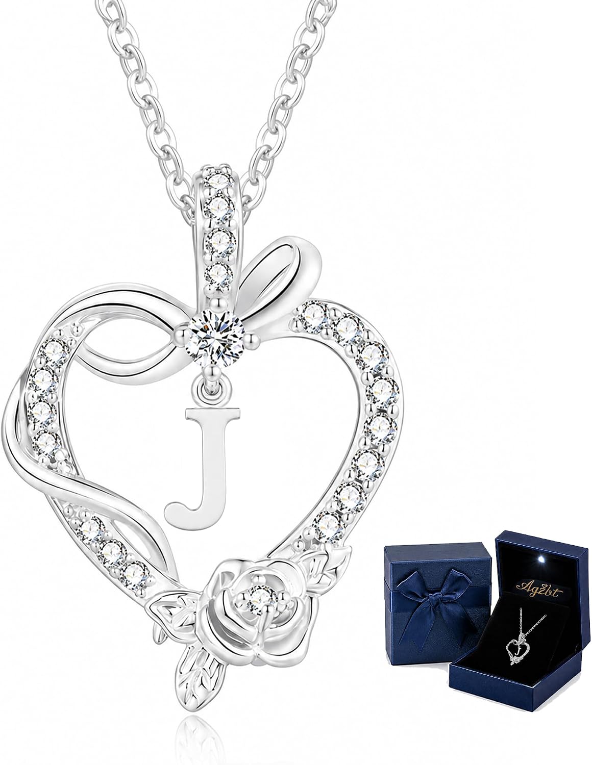 Initial Rose Heart Pendant Necklace with Gift Box, shown on a plain white background