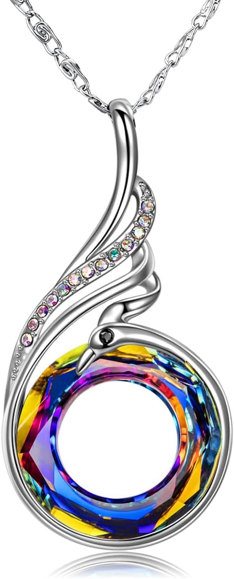 Phoenix Crystal Pendant Necklace in Aurore Boreale, shown on a plain white background