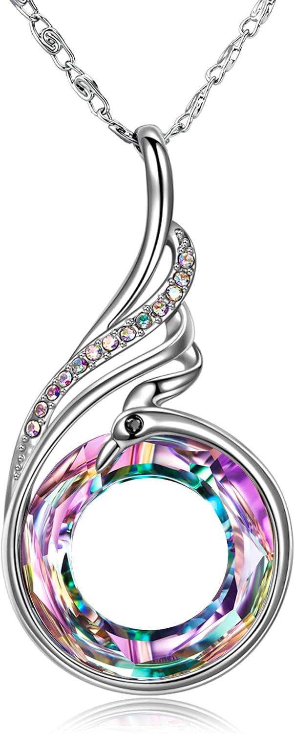 Phoenix Crystal Pendant Necklace in Iridescence, shown on a plain white background