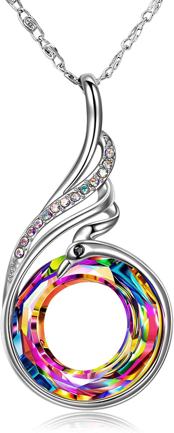 Phoenix Crystal Pendant Necklace in Purple Light, shown on a plain white background