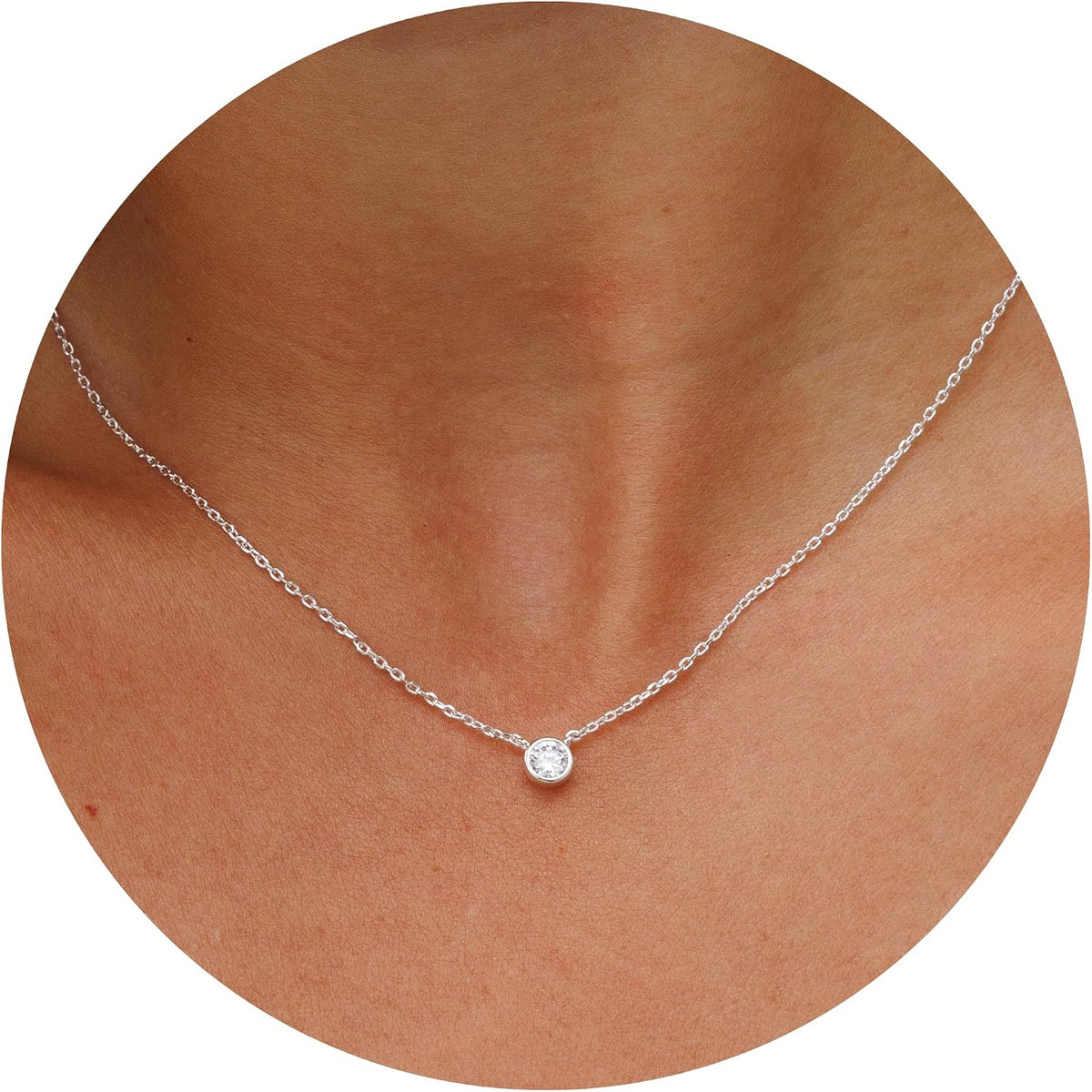 Solitaire Cubic Zirconia Choker Necklace, 18 Inch in Gold Round CZ, shown on a plain white background