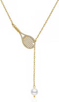 Tennis Racket Lariat Necklace with Pearl Drop, shown on a plain white background