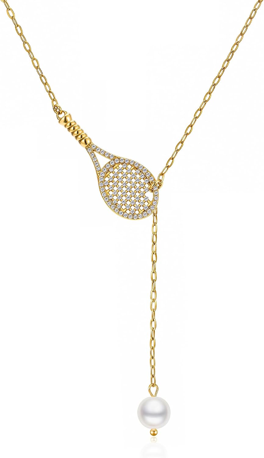 Tennis Racket Lariat Necklace with Pearl Drop, shown on a plain white background