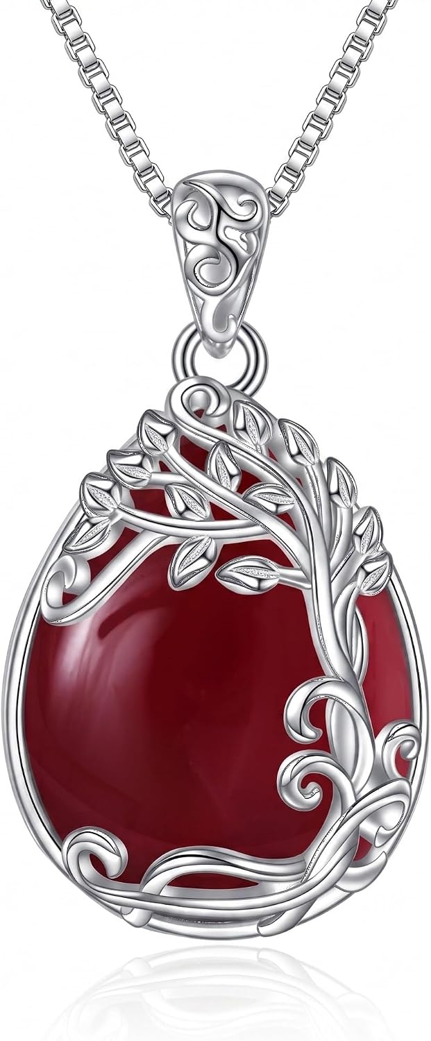 Tree of Life Teardrop Gemstone Pendant Necklace, shown on a plain white background